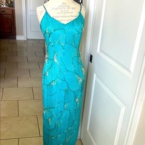 Gorgeous turquoise blue beaded maxi spaghetti strap dress. Prom/evening.